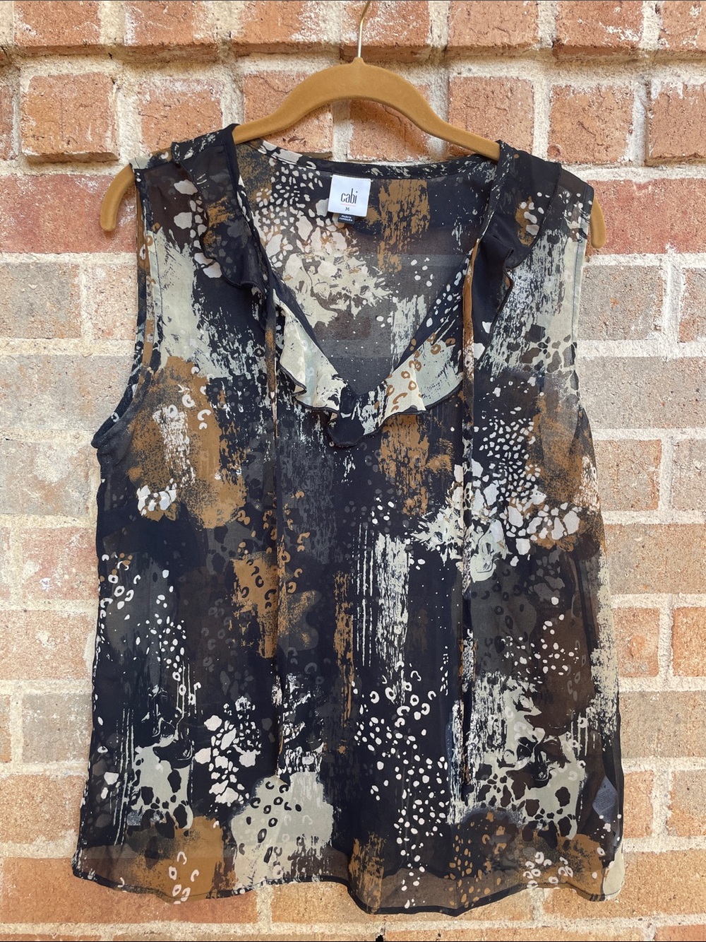 CABI Sleeveless Ruffle V-Neck Camisole in Black, Brown, and Cream Abstract Print